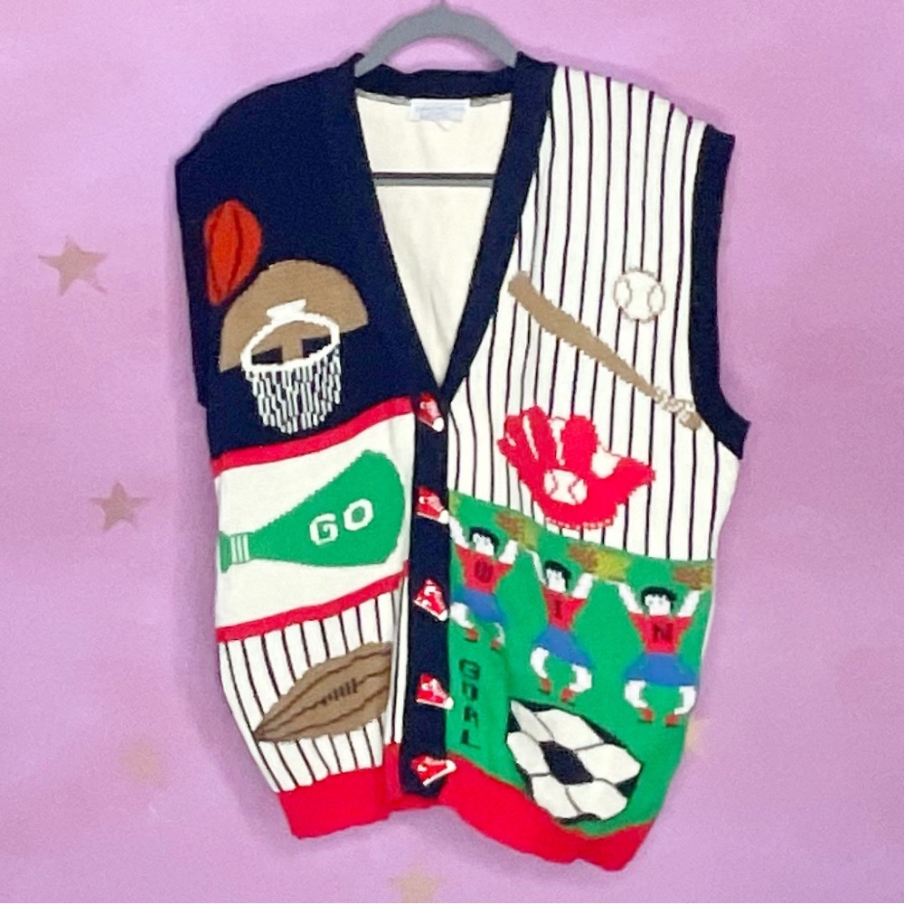 Vintage 80s Sweater Loft Vest Sports Football Basketball Cheer Soccer Size 1X